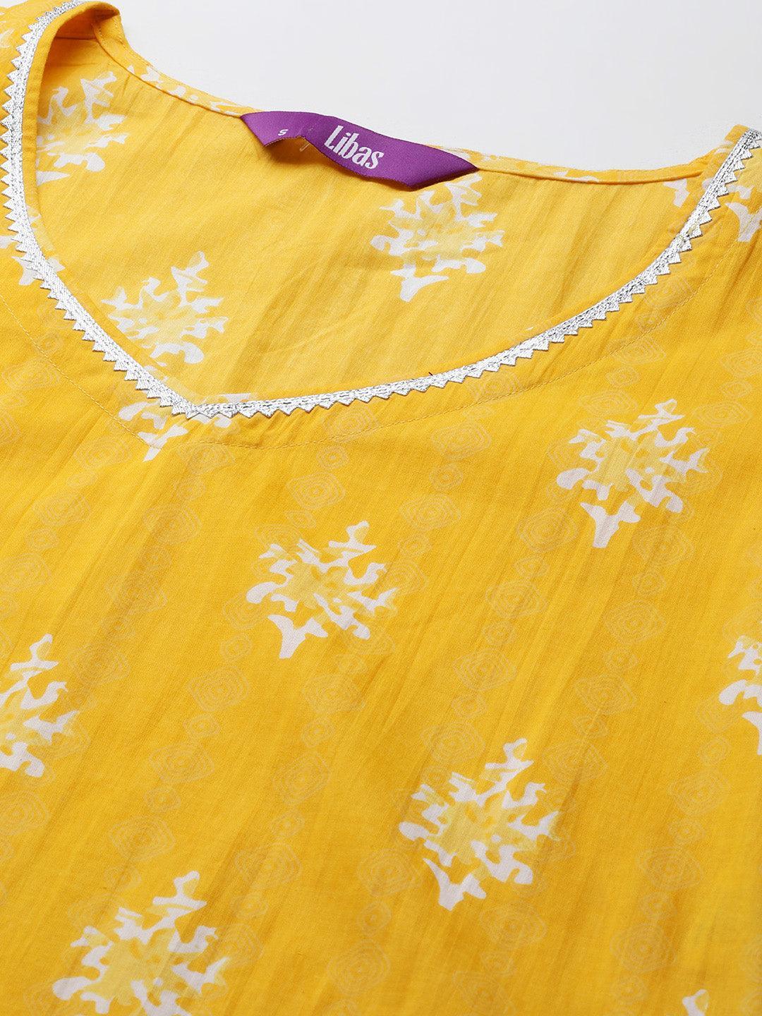 Yellow Printed Cotton Straight Kurta With Skirt & Dupatta