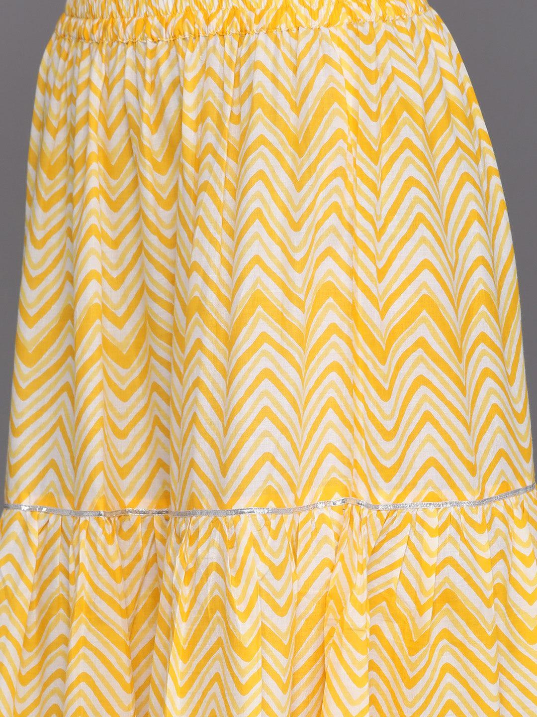 Yellow Printed Cotton Straight Kurta With Skirt & Dupatta