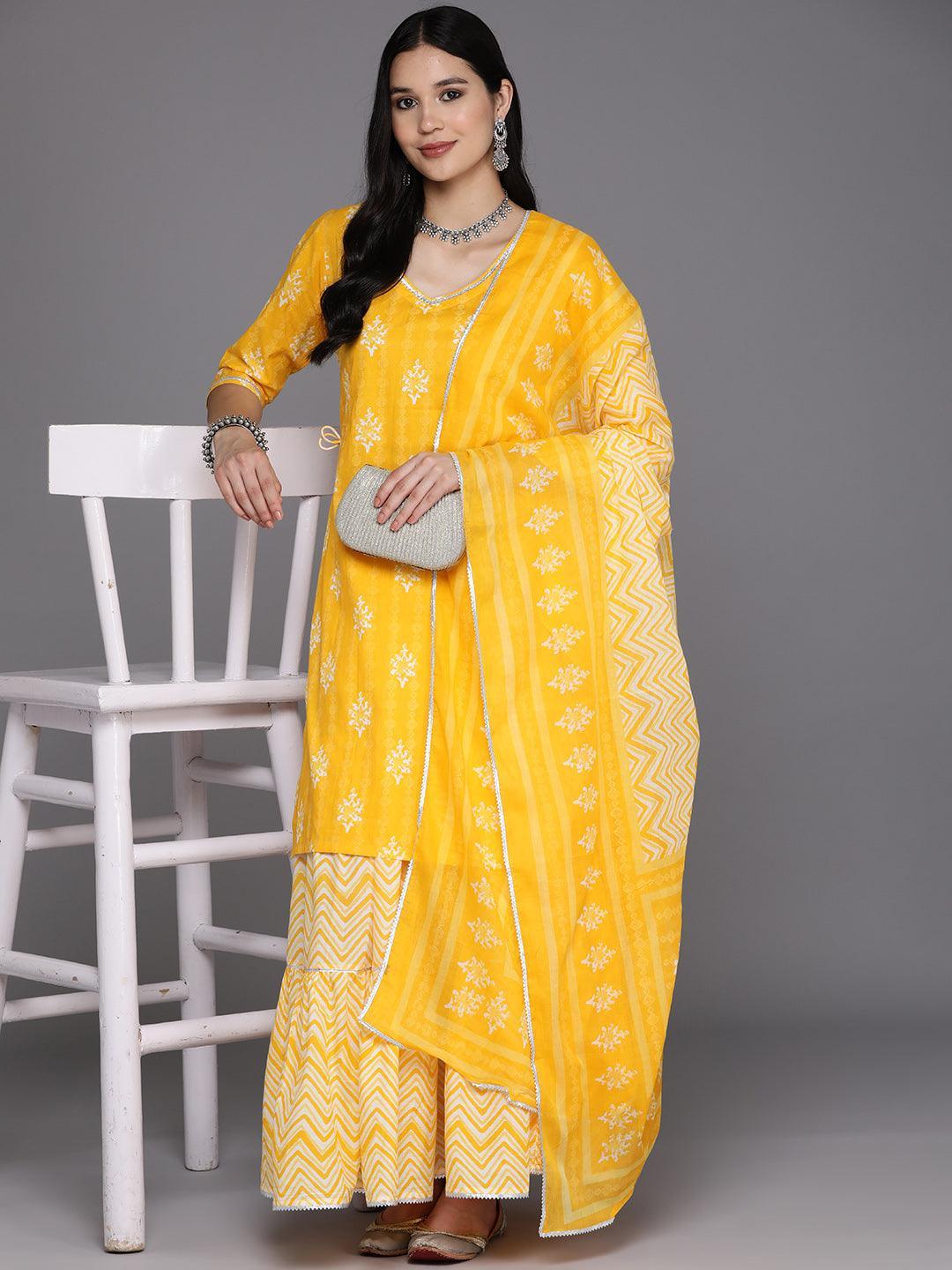 Yellow Printed Cotton Straight Kurta With Skirt & Dupatta