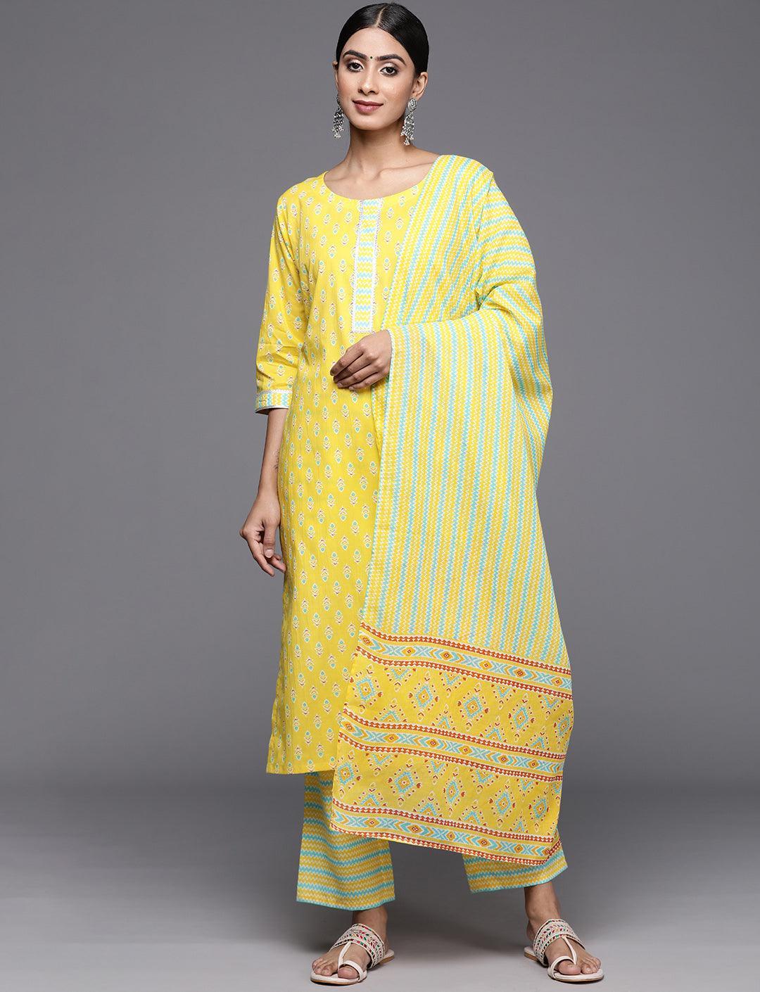 Yellow Printed Cotton Straight Kurta With Trousers & Dupatta