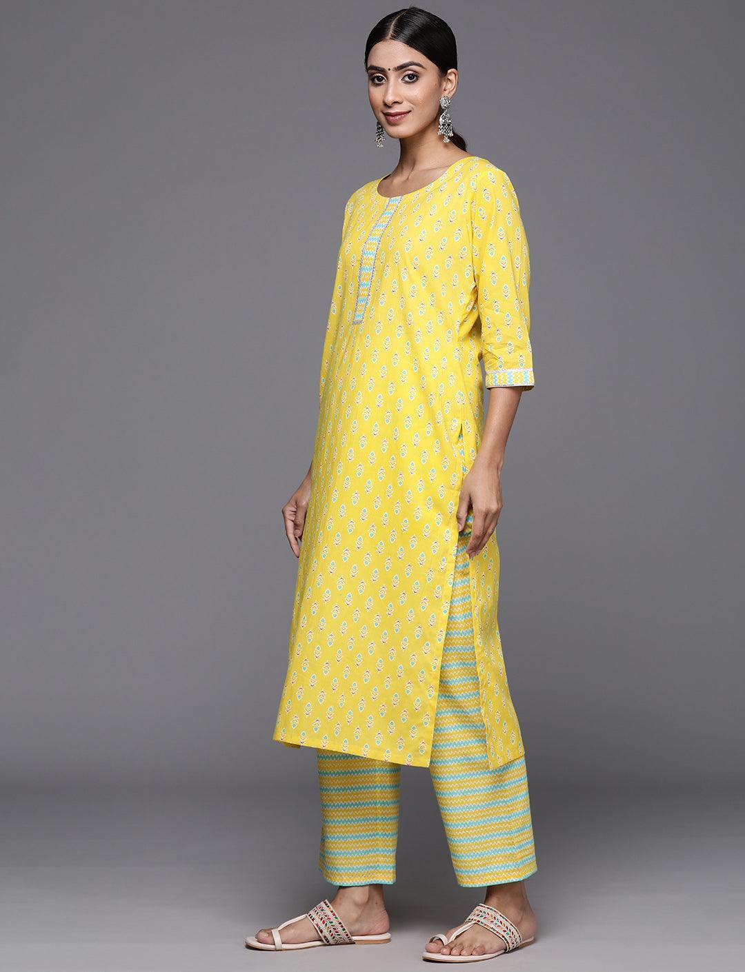 Yellow Printed Cotton Straight Kurta With Trousers & Dupatta