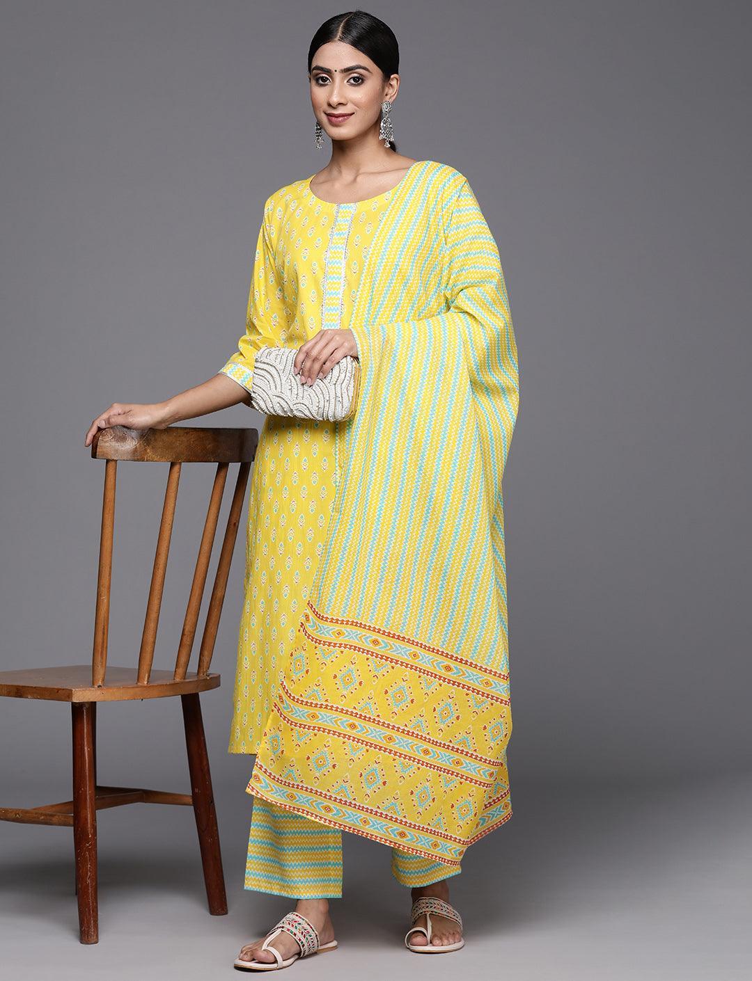 Yellow Printed Cotton Straight Kurta With Trousers & Dupatta