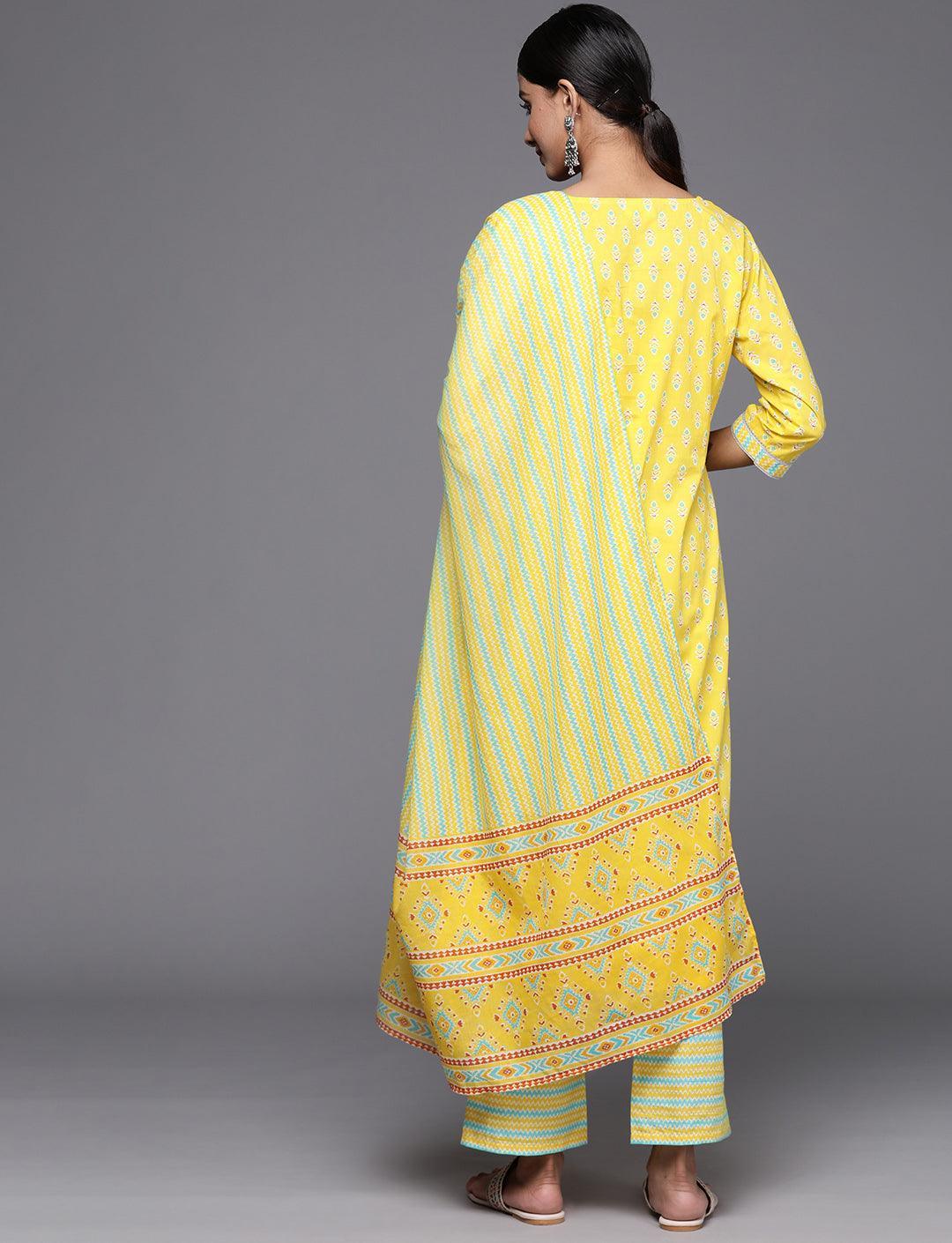 Yellow Printed Cotton Straight Kurta With Trousers & Dupatta