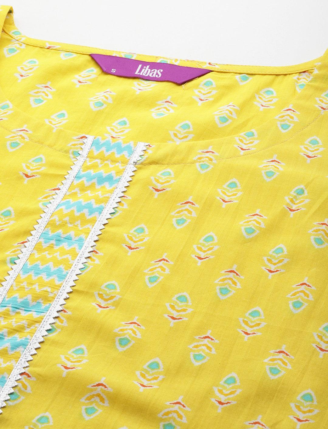 Yellow Printed Cotton Straight Kurta With Trousers & Dupatta