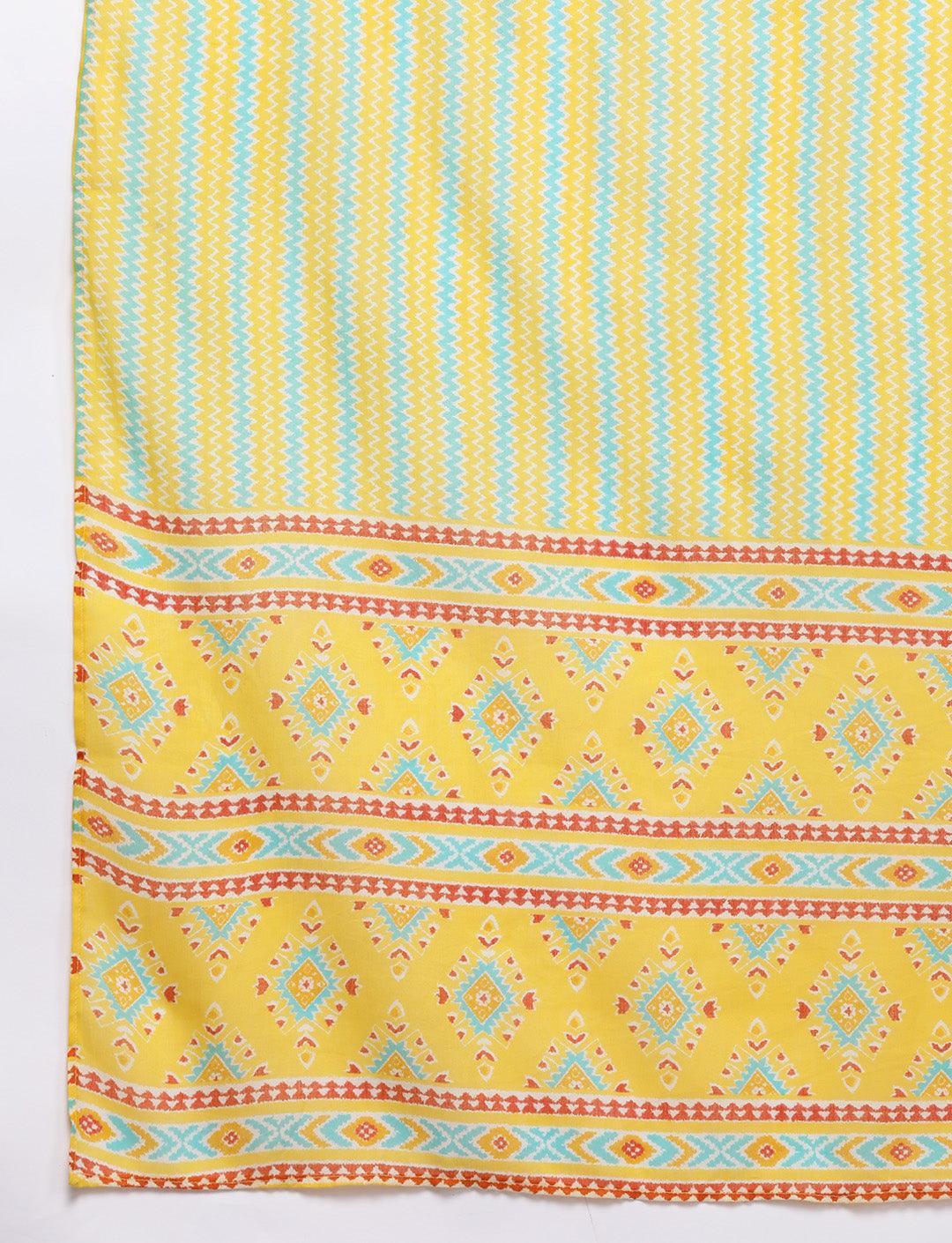 Yellow Printed Cotton Straight Kurta With Trousers & Dupatta