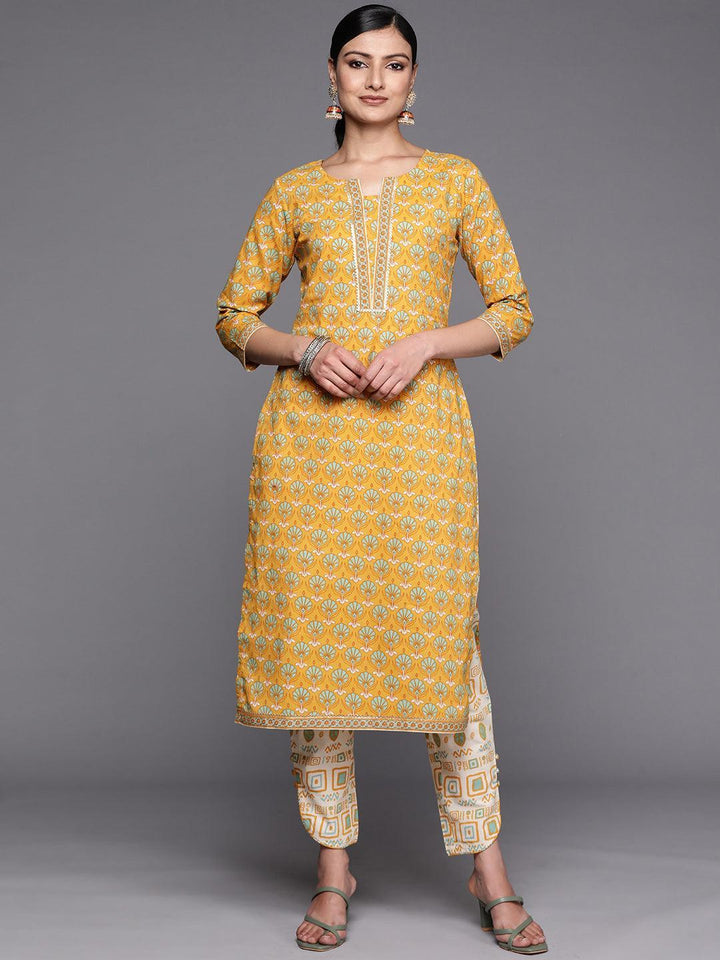 Yellow Printed Cotton Straight Kurta Set With Trousers - ShopLibas