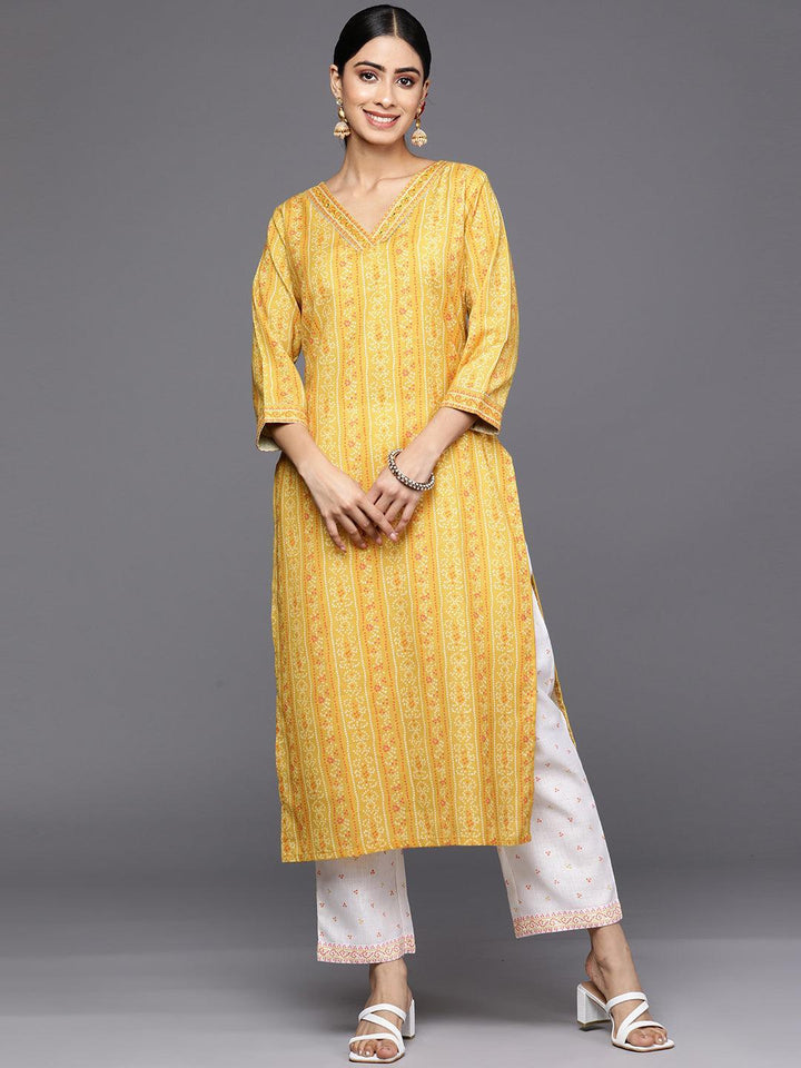 Yellow Printed Cotton Straight Kurta Set With Trousers - ShopLibas