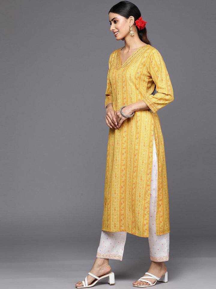 Yellow Printed Cotton Straight Kurta Set With Trousers - ShopLibas