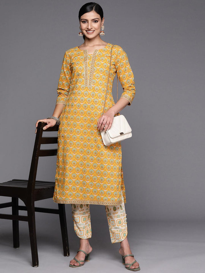 Yellow Printed Cotton Straight Kurta Set With Trousers - ShopLibas