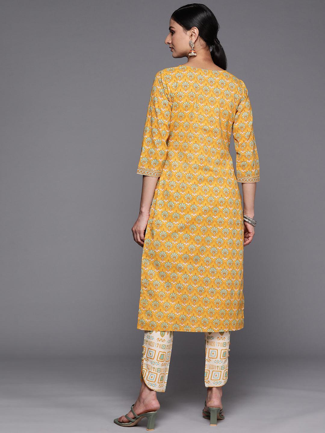 Yellow Printed Cotton Straight Kurta Set With Trousers - ShopLibas