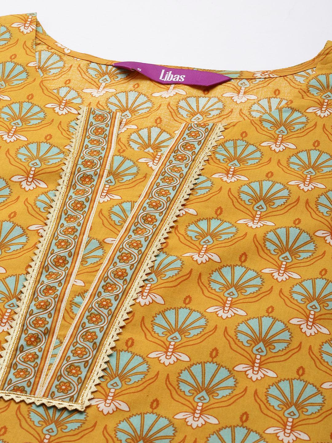 Yellow Printed Cotton Straight Kurta Set With Trousers - ShopLibas