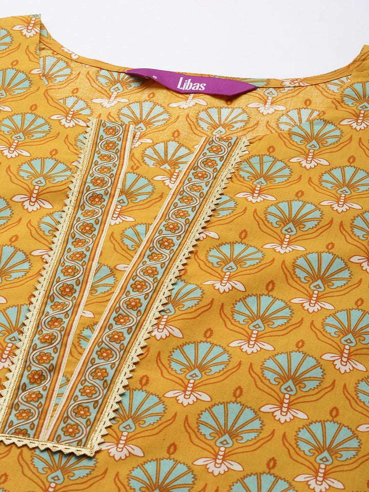 Yellow Printed Cotton Straight Kurta Set With Trousers - ShopLibas