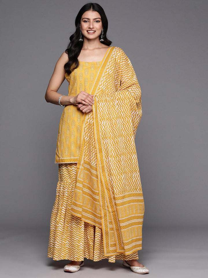 Yellow Printed Cotton Straight Suit Set With Sharara - ShopLibas