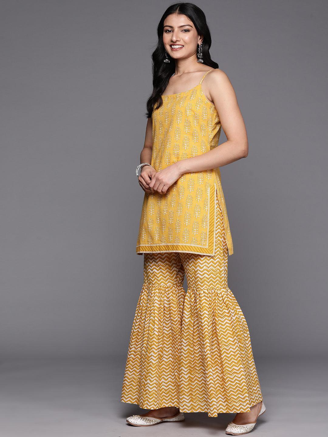 Yellow Printed Cotton Straight Suit Set With Sharara - ShopLibas