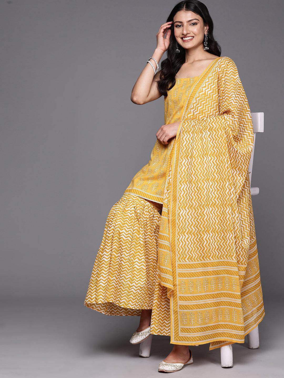 Yellow Printed Cotton Straight Suit Set With Sharara - ShopLibas