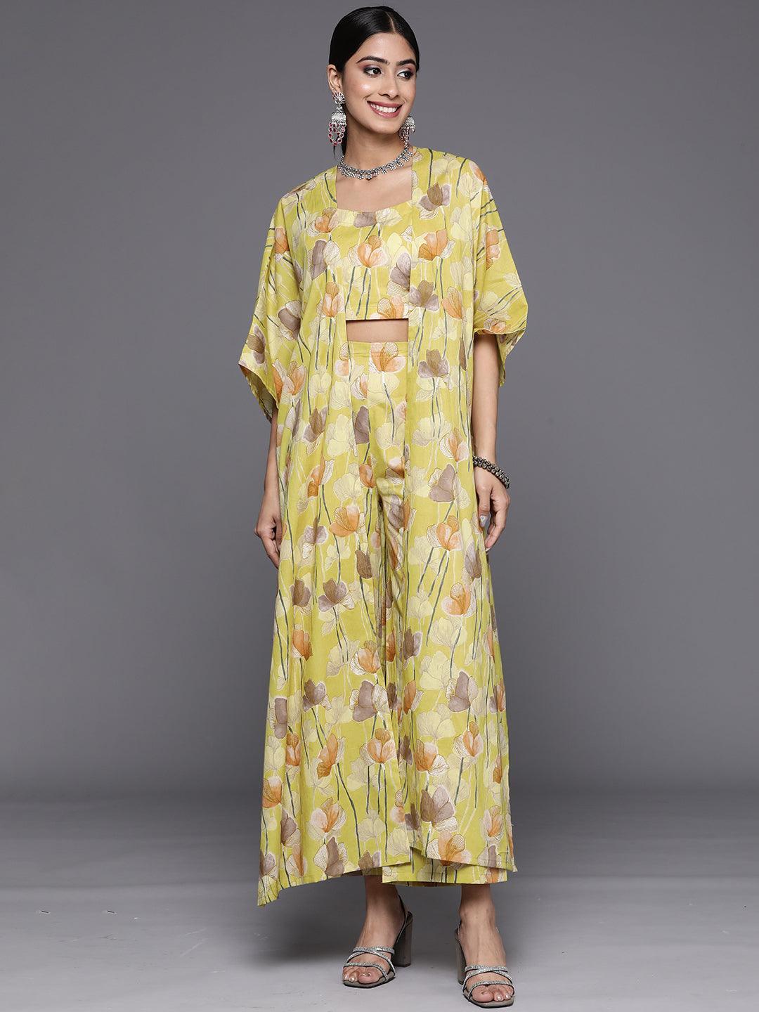 Yellow Printed Cotton Top With Palazzos & Shrug