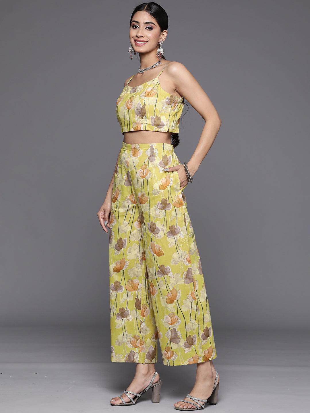 Yellow Printed Cotton Top With Palazzos & Shrug