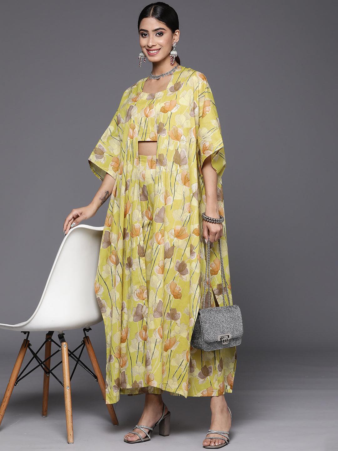 Yellow Printed Cotton Top With Palazzos & Shrug