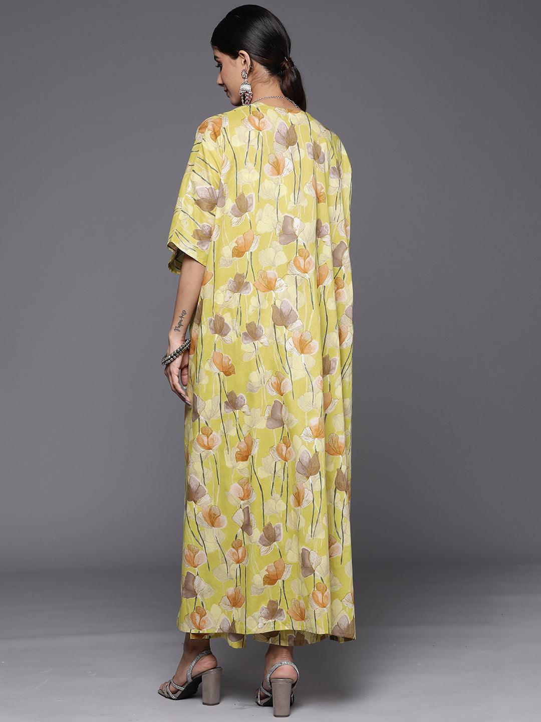 Yellow Printed Cotton Top With Palazzos & Shrug