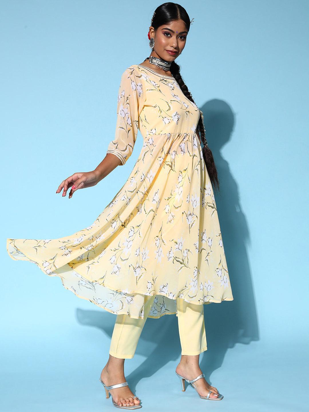 Yellow Printed Georgette Anarkali Suit Set