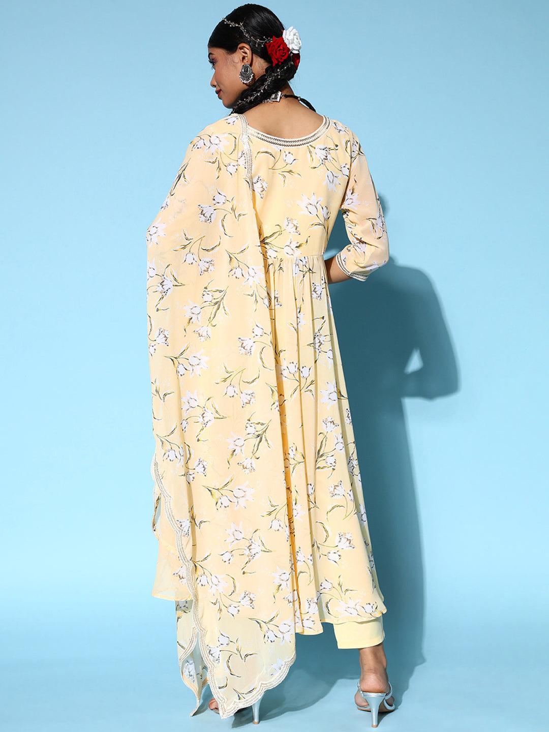 Yellow Printed Georgette Anarkali Suit Set