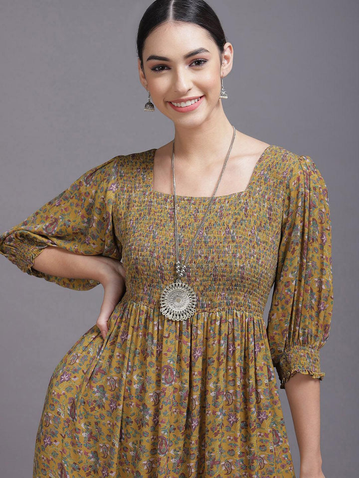 Yellow Printed Georgette Dress - ShopLibas