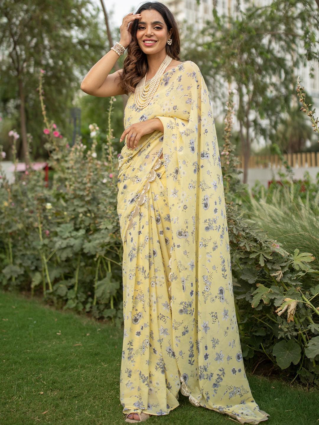 Yellow Printed Georgette Saree - ShopLibas