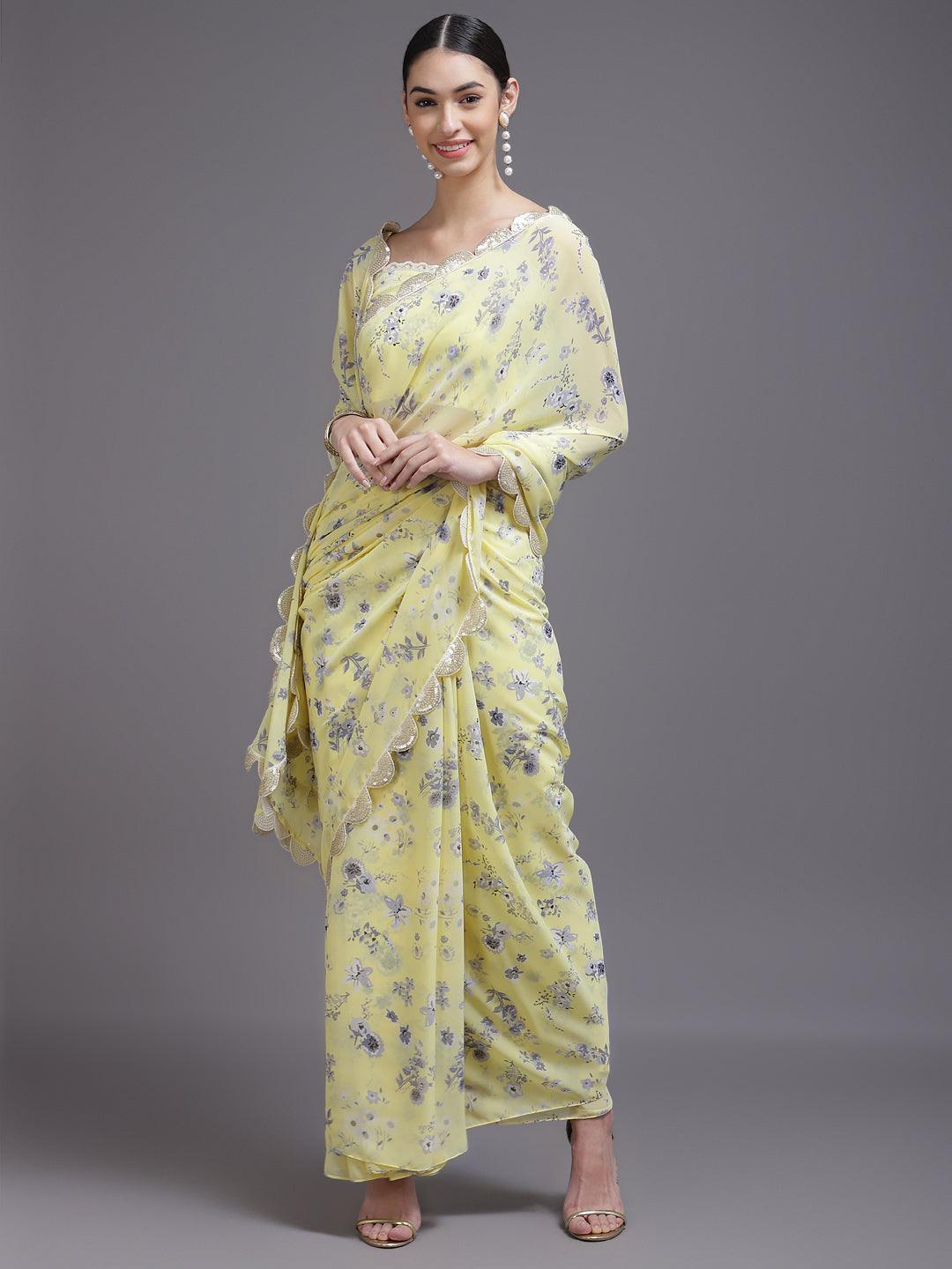 Yellow Printed Georgette Saree - ShopLibas