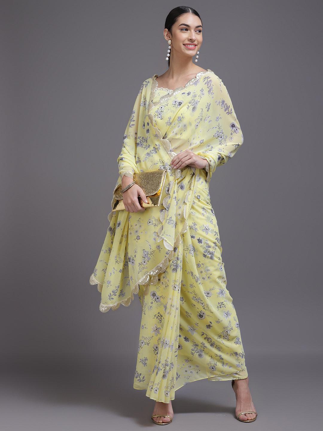 Yellow Printed Georgette Saree