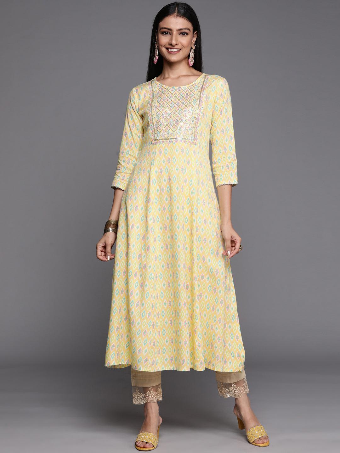 Yellow Printed Rayon A-Line Kurta