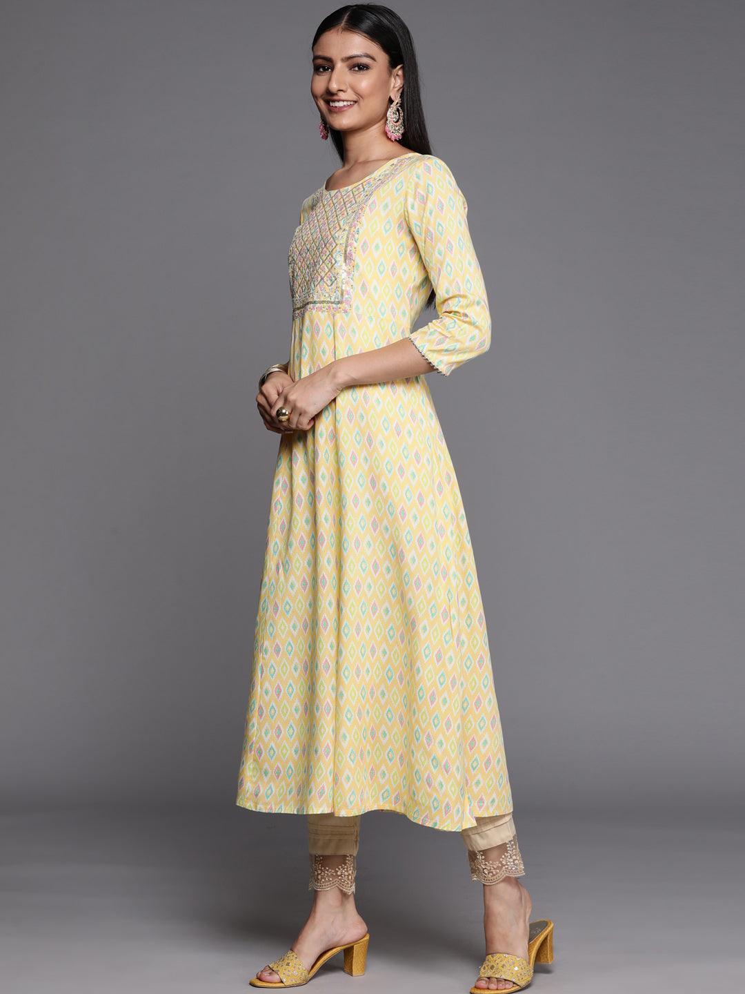 Yellow Printed Rayon A-Line Kurta