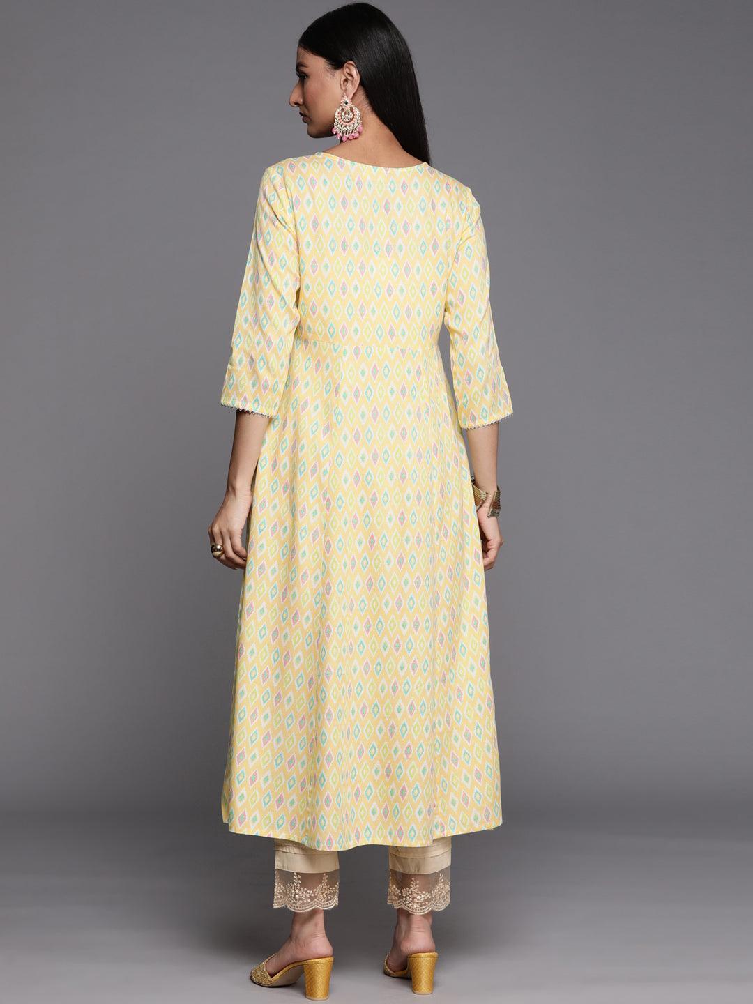 Yellow Printed Rayon A-Line Kurta