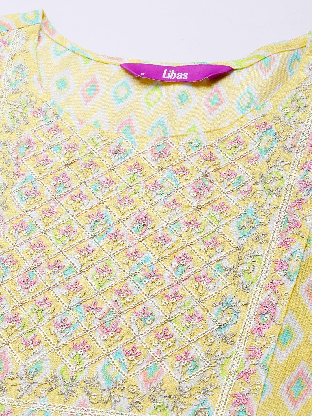 Yellow Printed Rayon A-Line Kurta