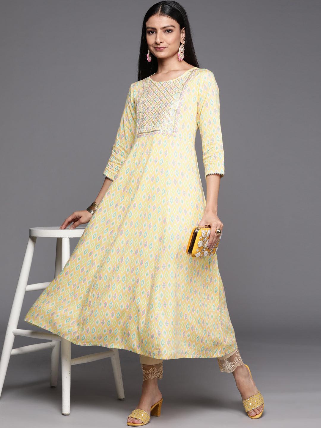 Yellow Printed Rayon A-Line Kurta