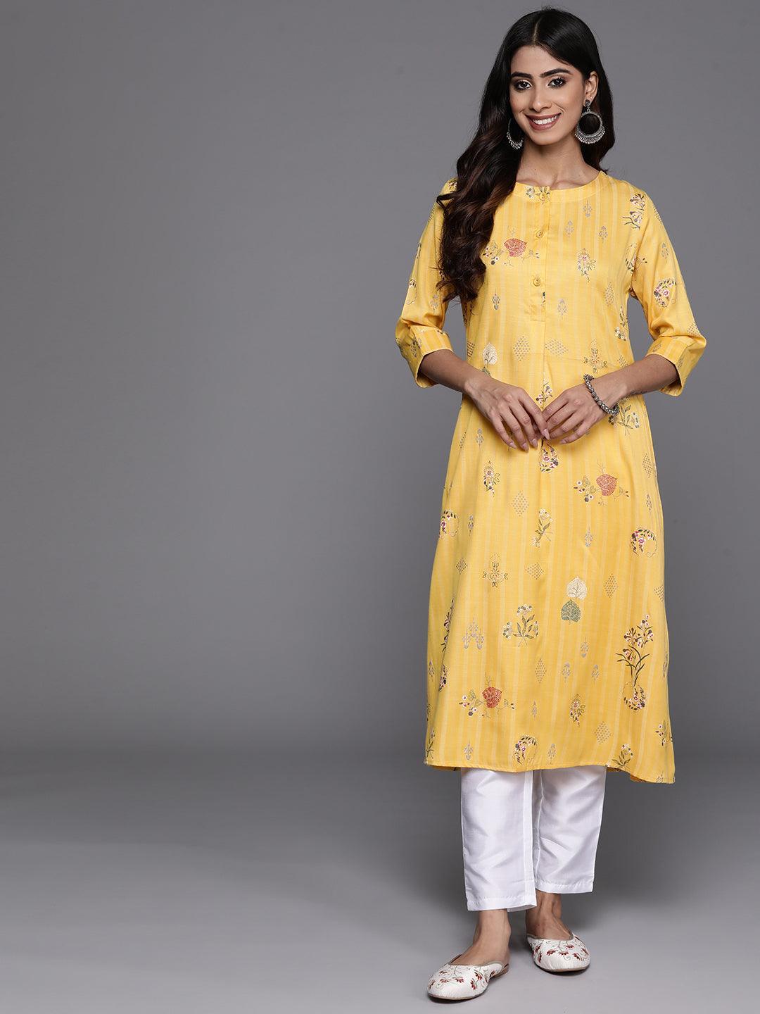 Yellow Printed Silk A-Line Kurta