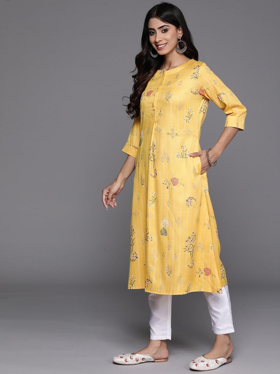 Yellow Printed Silk A-Line Kurta