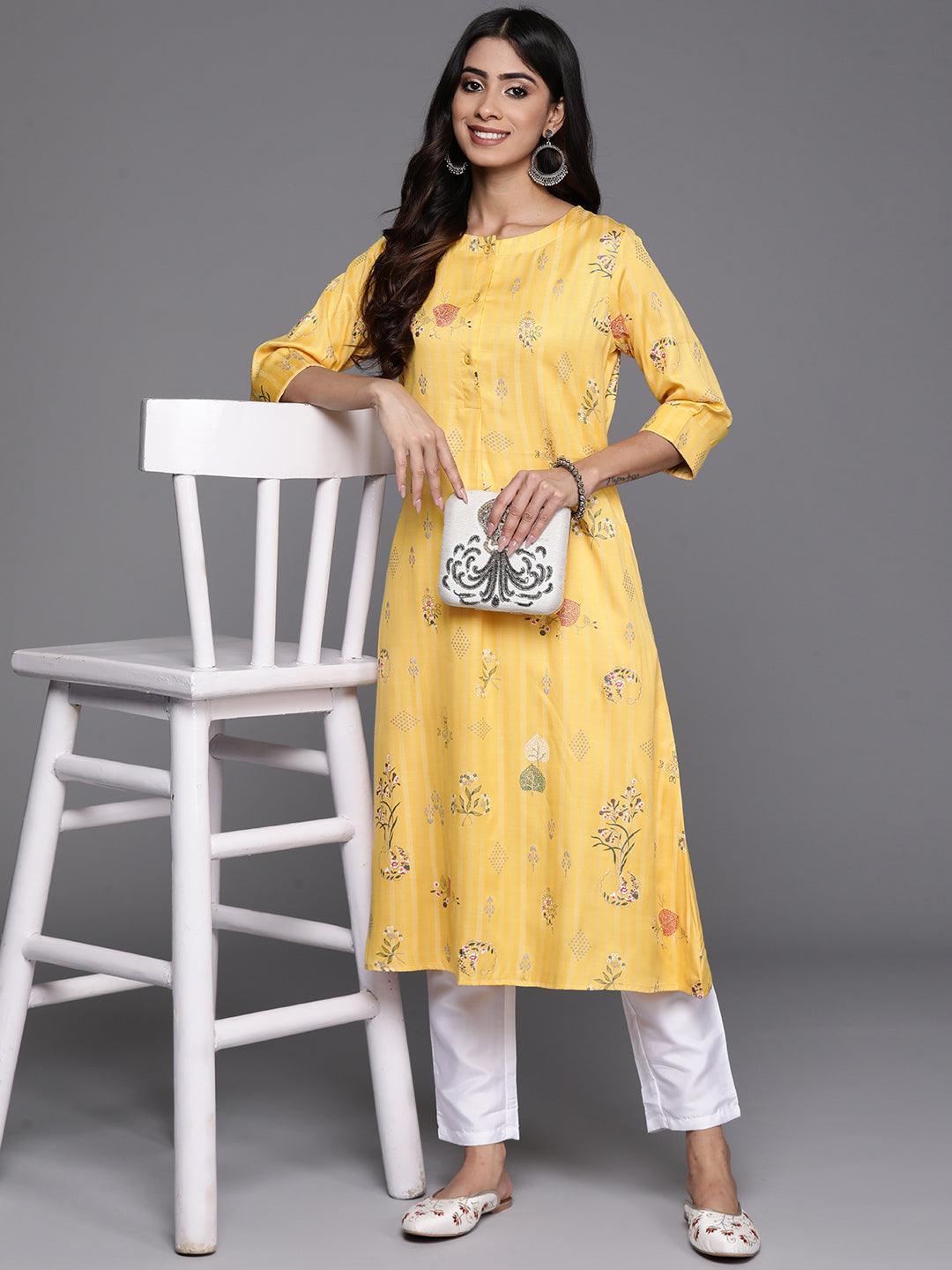 Yellow Printed Silk A-Line Kurta