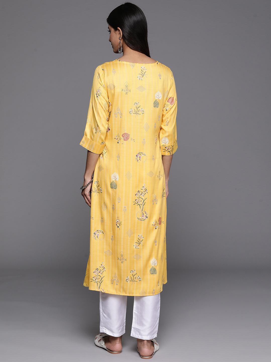 Yellow Printed Silk A-Line Kurta