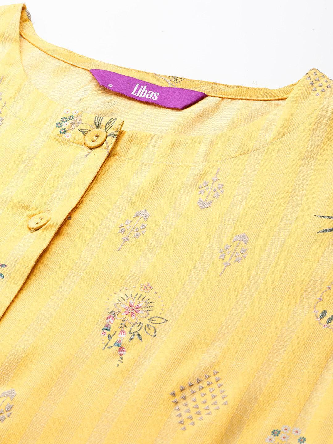 Yellow Printed Silk A-Line Kurta