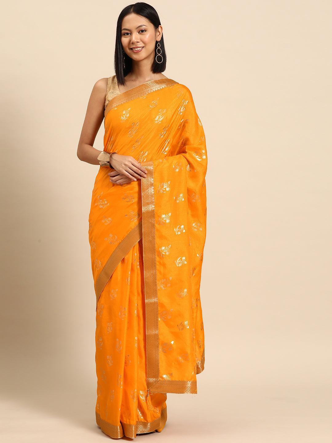 Yellow Printed Silk Blend Saree