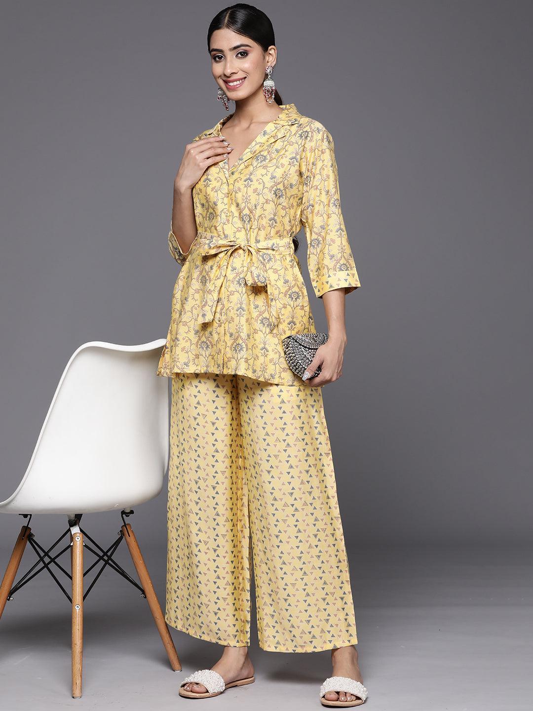 Yellow Printed Silk Blend Co-Ords - ShopLibas