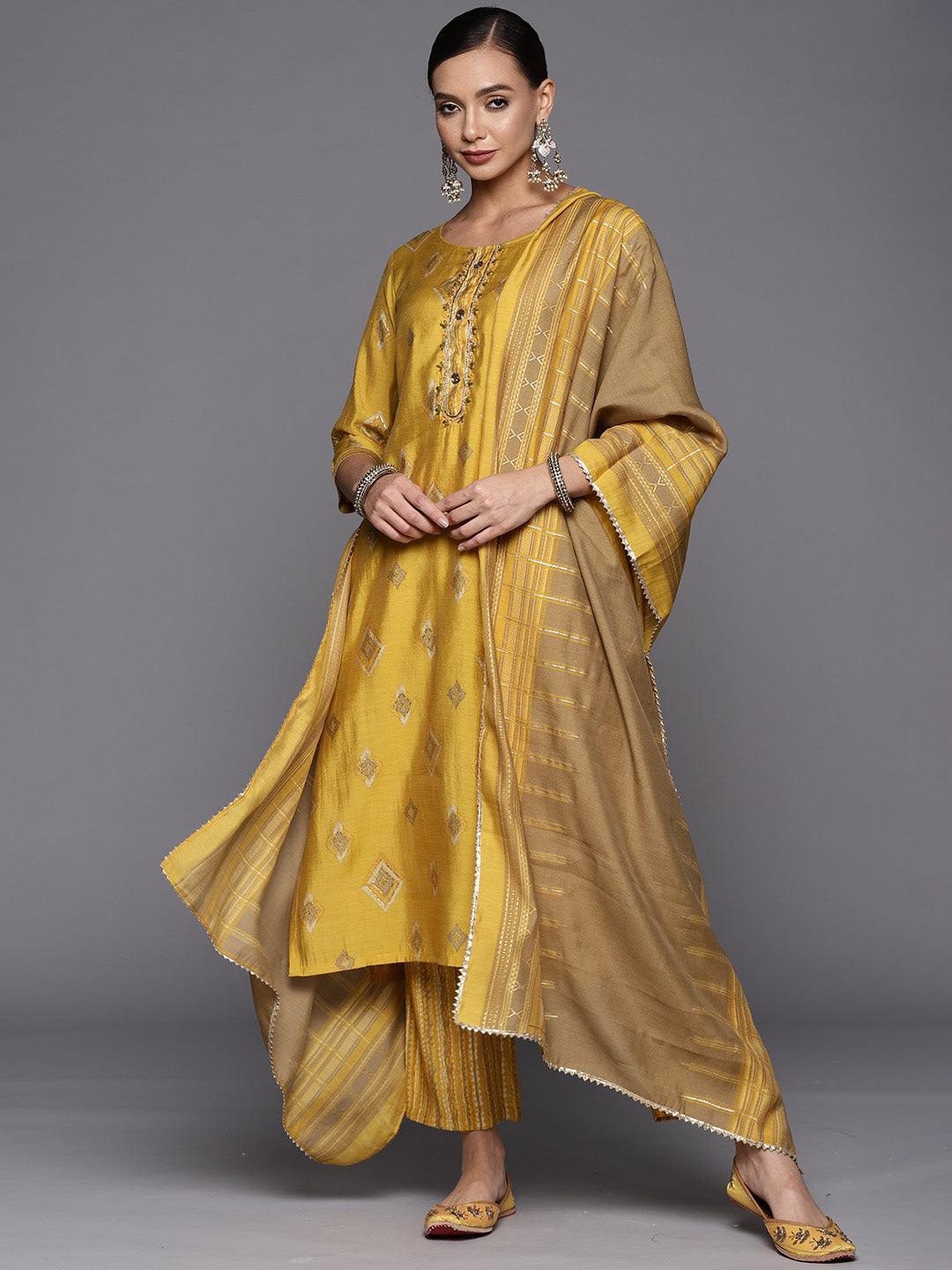 Yellow Printed Silk Blend Straight Suit Set