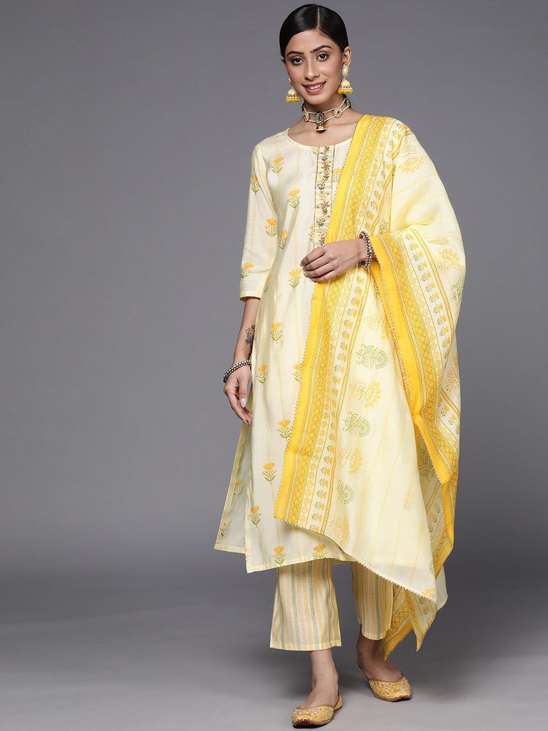 Yellow Printed Silk Blend Straight Suit Set