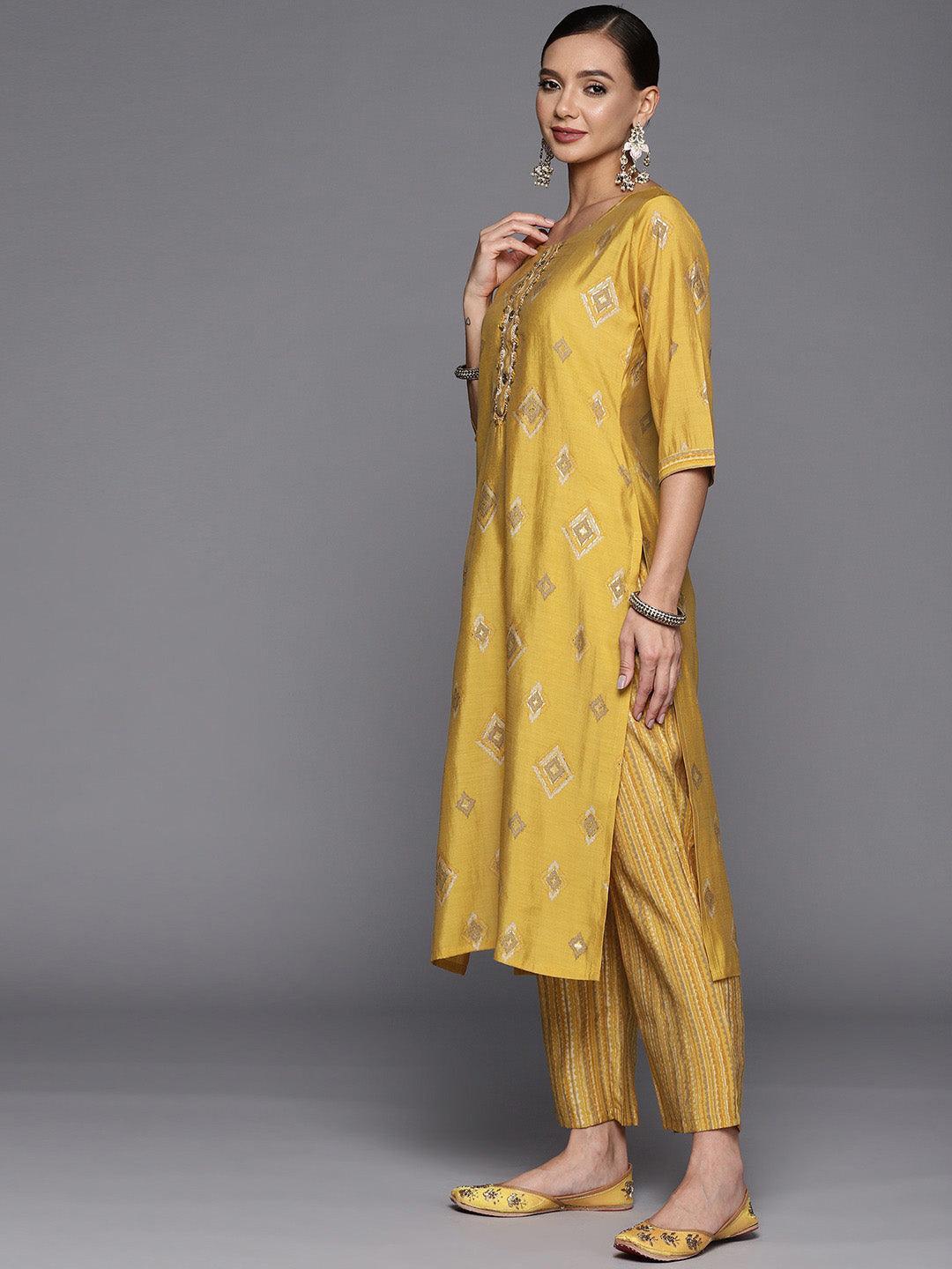 Yellow Printed Silk Blend Straight Suit Set