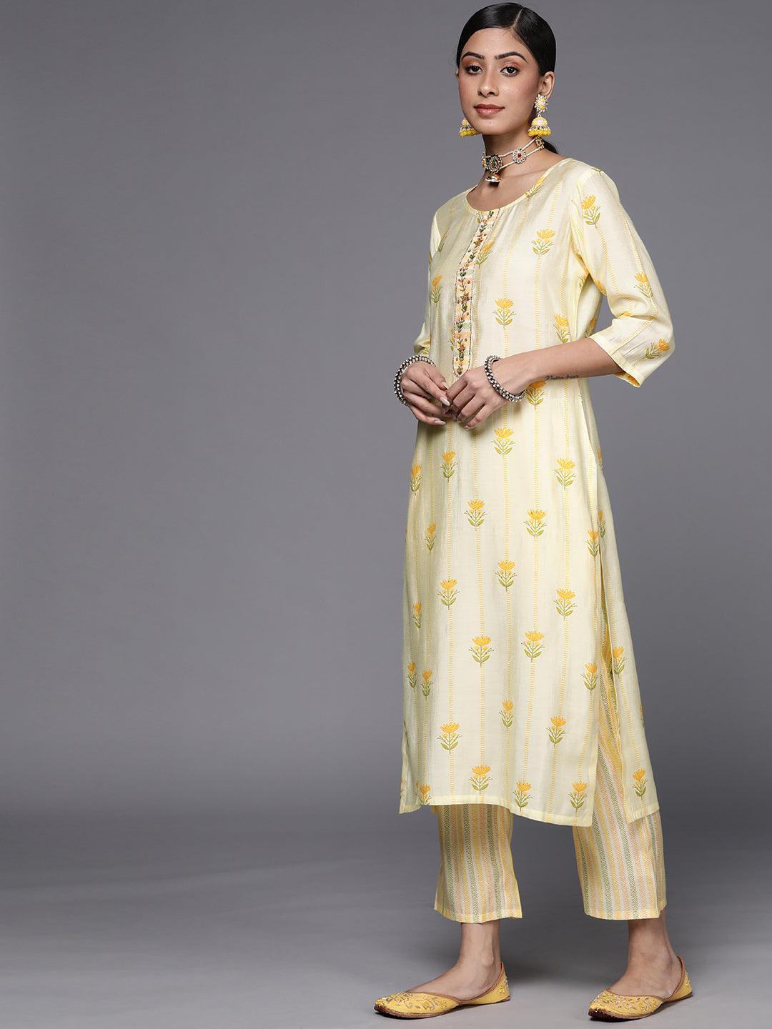 Yellow Printed Silk Blend Straight Suit Set