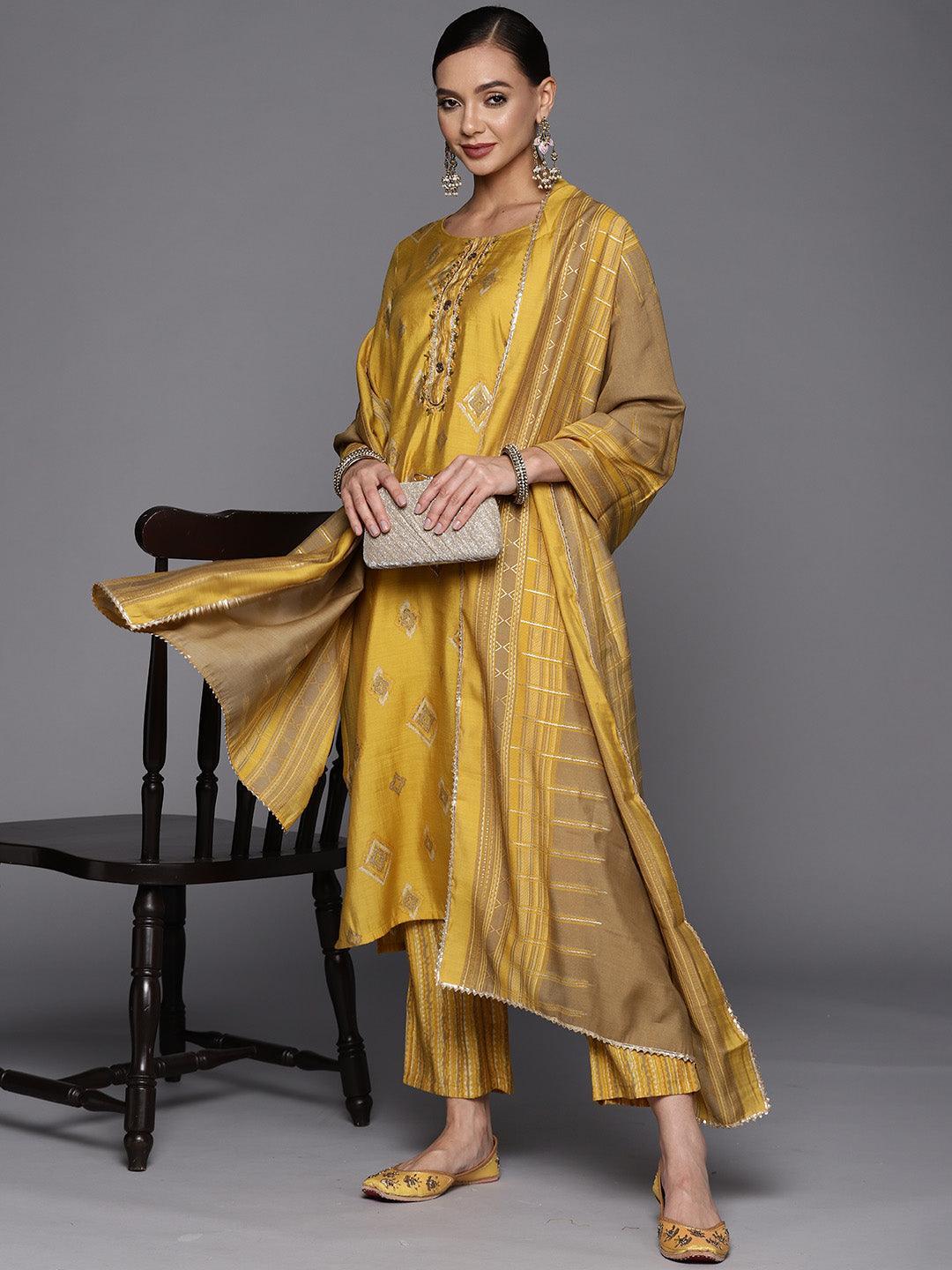 Yellow Printed Silk Blend Straight Suit Set