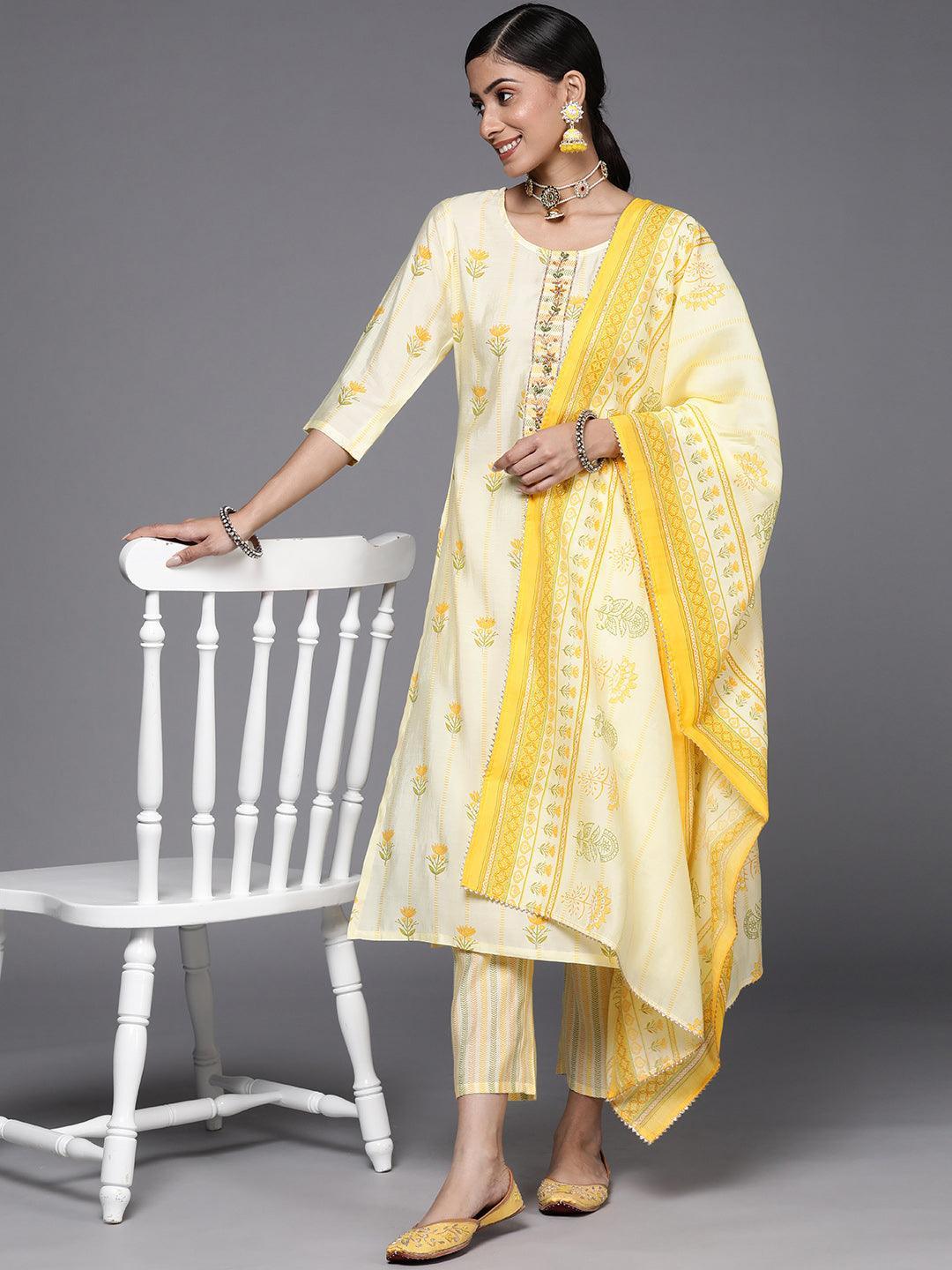 Yellow Printed Silk Blend Straight Suit Set