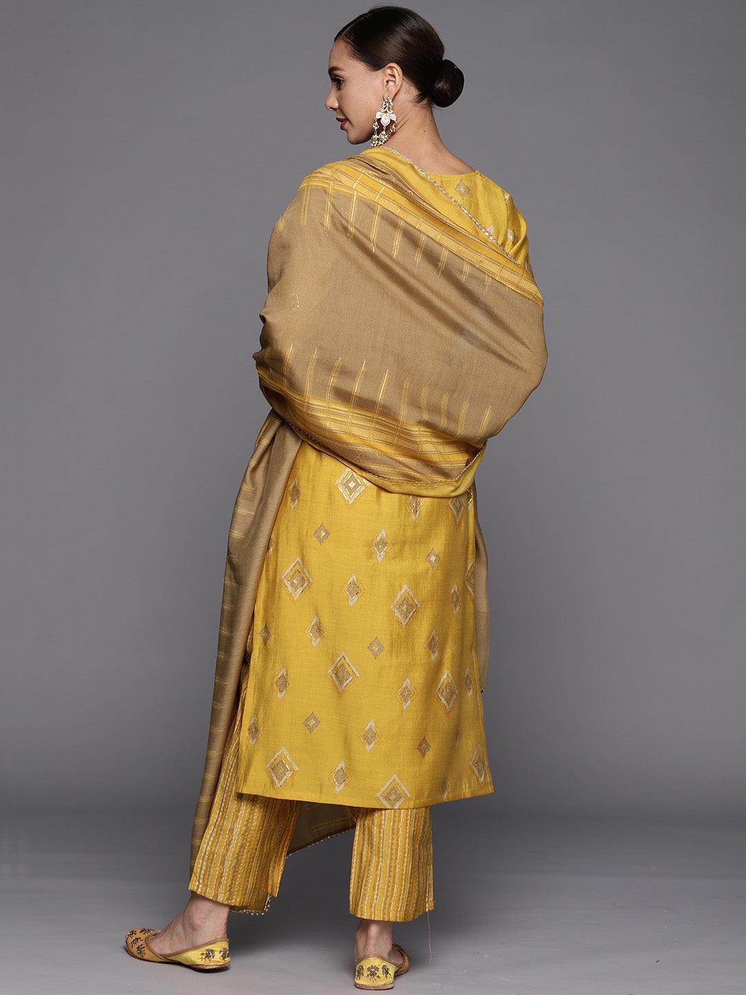 Yellow Printed Silk Blend Straight Suit Set