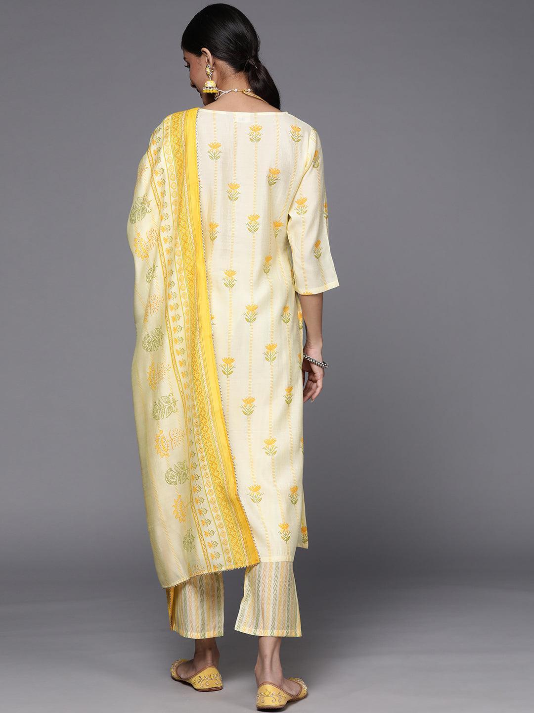 Yellow Printed Silk Blend Straight Suit Set