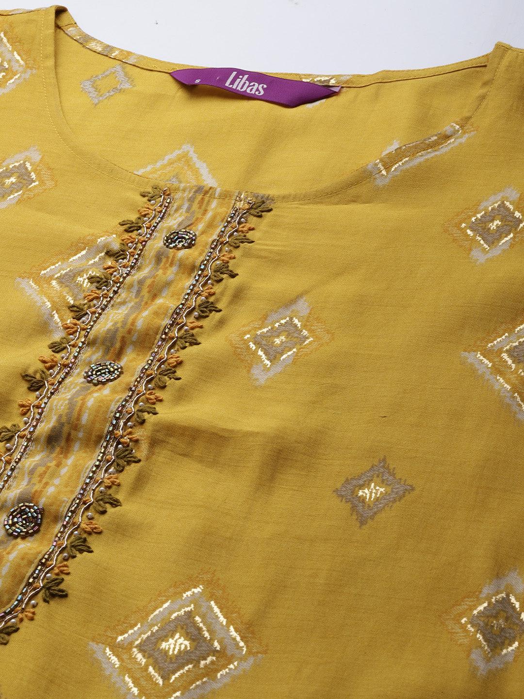 Yellow Printed Silk Blend Straight Suit Set